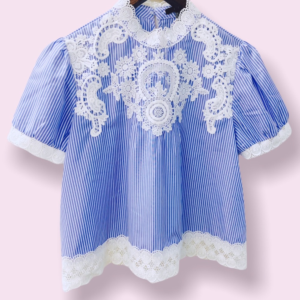 Forever 21 - Blue & White Striped Crochet Lace Top - Picture 1 of 7